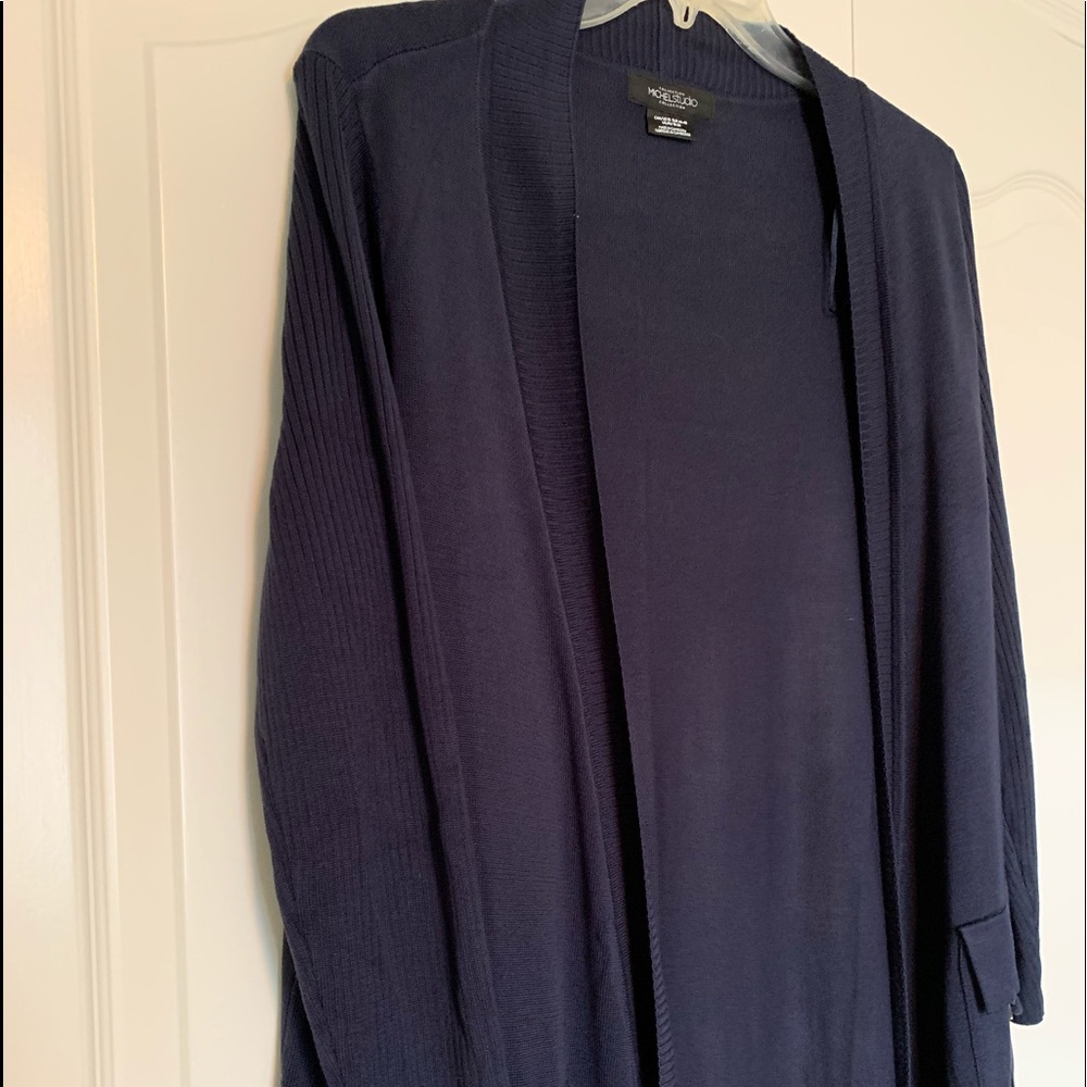 1X Navy Blue silky lightweight open front sweater